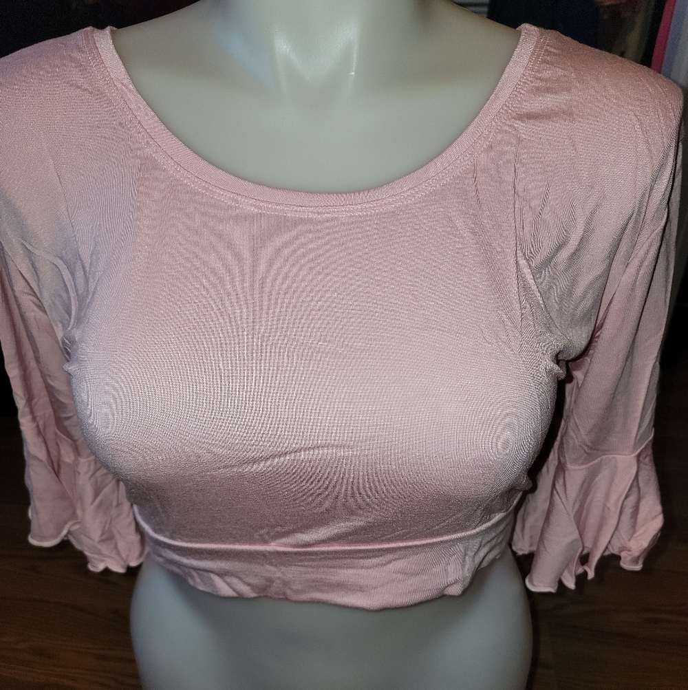 NEW NWT Half Tee Pink Ruffle Sleeve Crop Top Sz 2XL